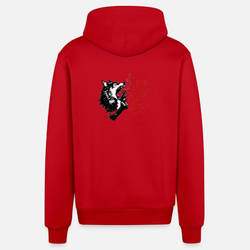 Tête de loup avec motif pistolet - Veste à capuche bio décontractée fabriquée en UE - rouge