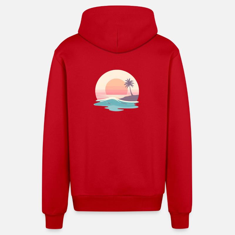 Retro Sunset Beach & Palm Tree - Organic Relaxed Hooded Jacket Made in EU - red