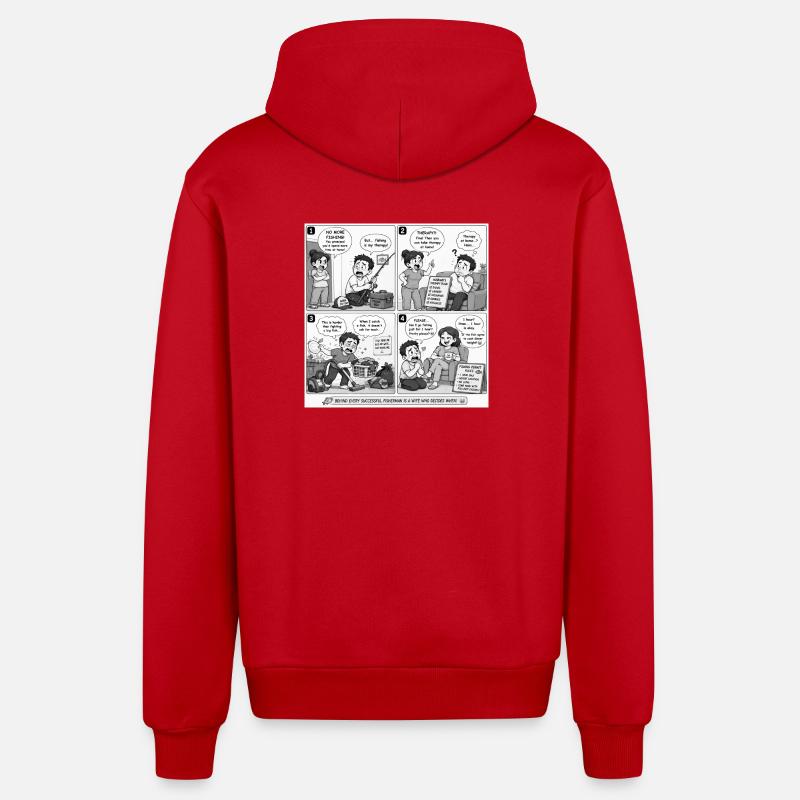 Fishing Therapy: A Comic Dilemma - Organic Relaxed Hooded Jacket Made in EU - red