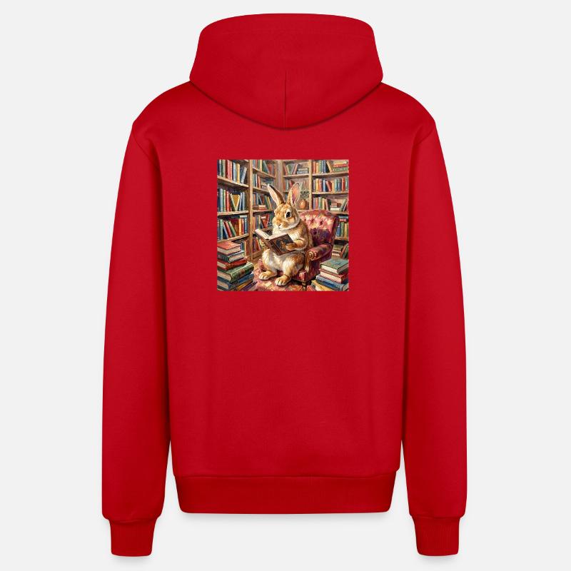 Library Rabbit Reading Portrait - Organic Relaxed Hooded Jacket Made in EU - red