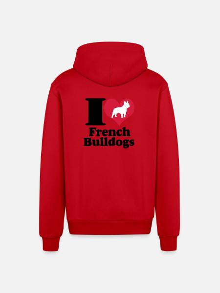 I Love French Bulldogs ... / + - Organic Relaxed Hooded Jacket Made in EU - red