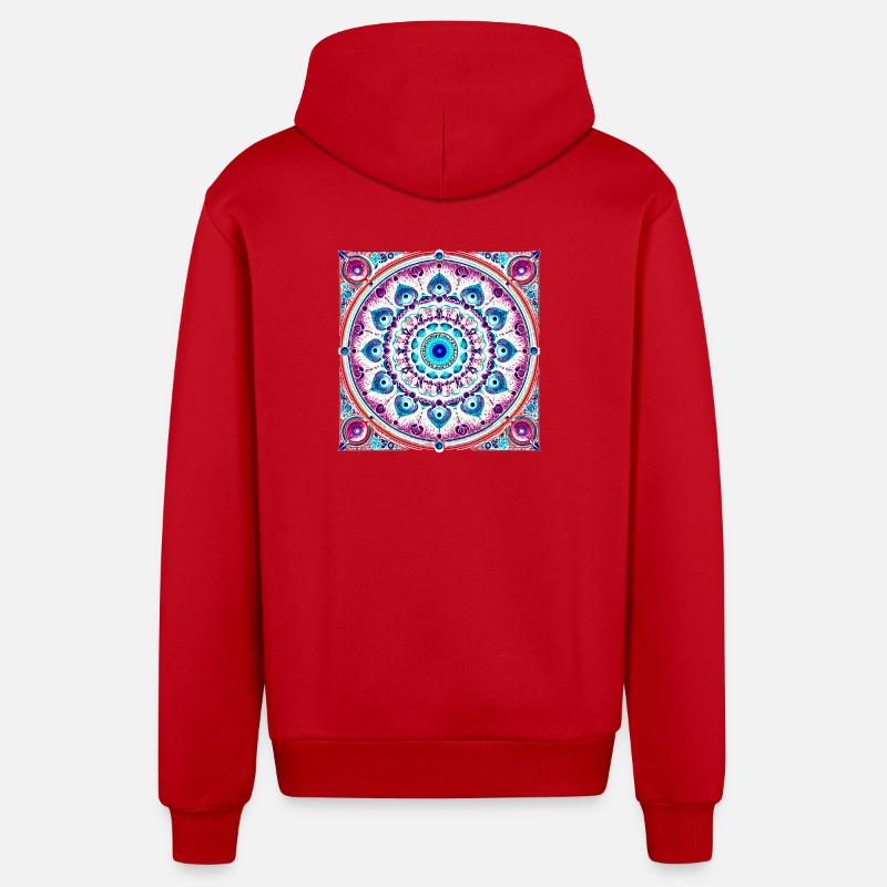 Mandala Orbital Bleu-Rose - Veste à capuche bio décontractée fabriquée en UE - rouge