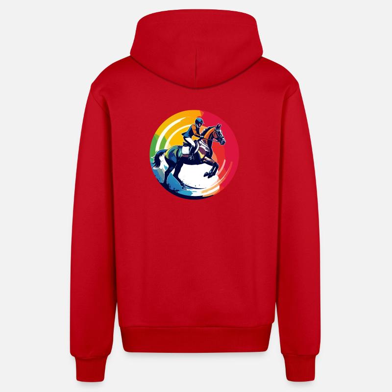 Regenbogen Springpferd Pferd Springreiten Motiv - Organic Relaxed Kapuzenjacke Made in EU - Rot