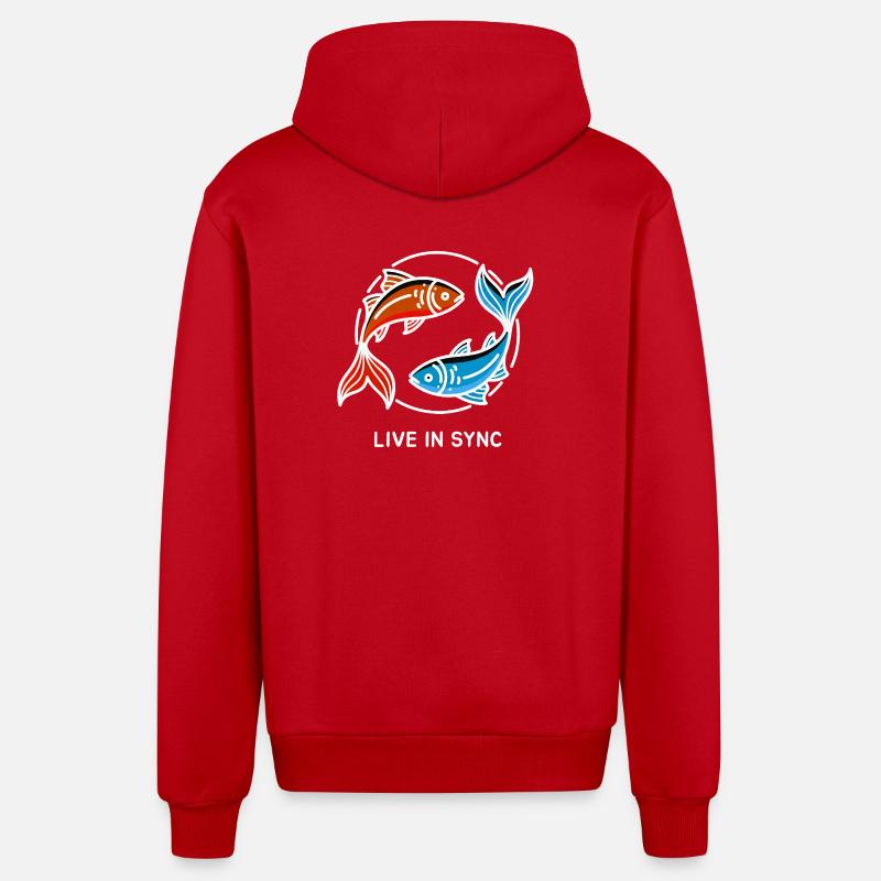 Live in Sync - Poissons en harmonie - Veste à capuche bio décontractée fabriquée en UE - rouge