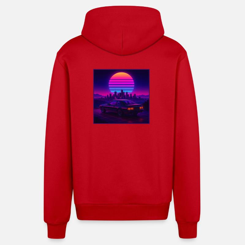 Neon Outrun Sunset Auto – Retro Synthwave - Organic Relaxed Kapuzenjacke Made in EU - Rot