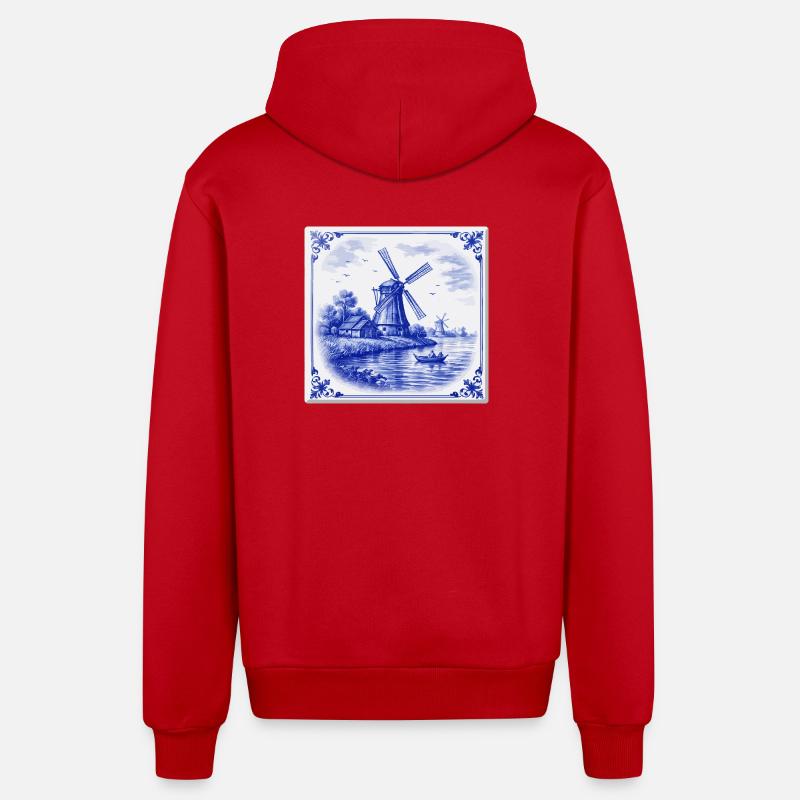 Delfter Windmühle am See - Organic Relaxed Kapuzenjacke Made in EU - Rot