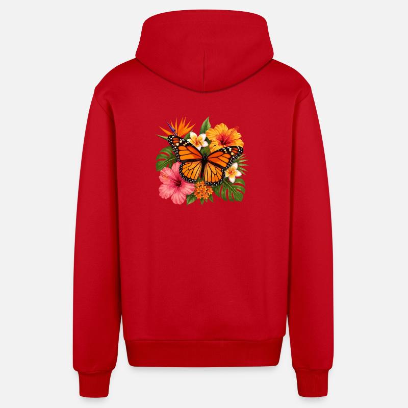 Fleur tropicale du papillon monarque - Veste à capuche bio décontractée fabriquée en UE - rouge