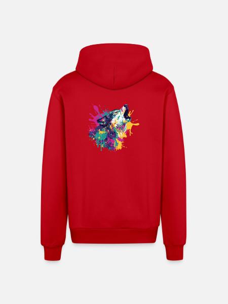 Wolf im Farbexplosion Stil - Organic Relaxed Kapuzenjacke Made in EU - Rot