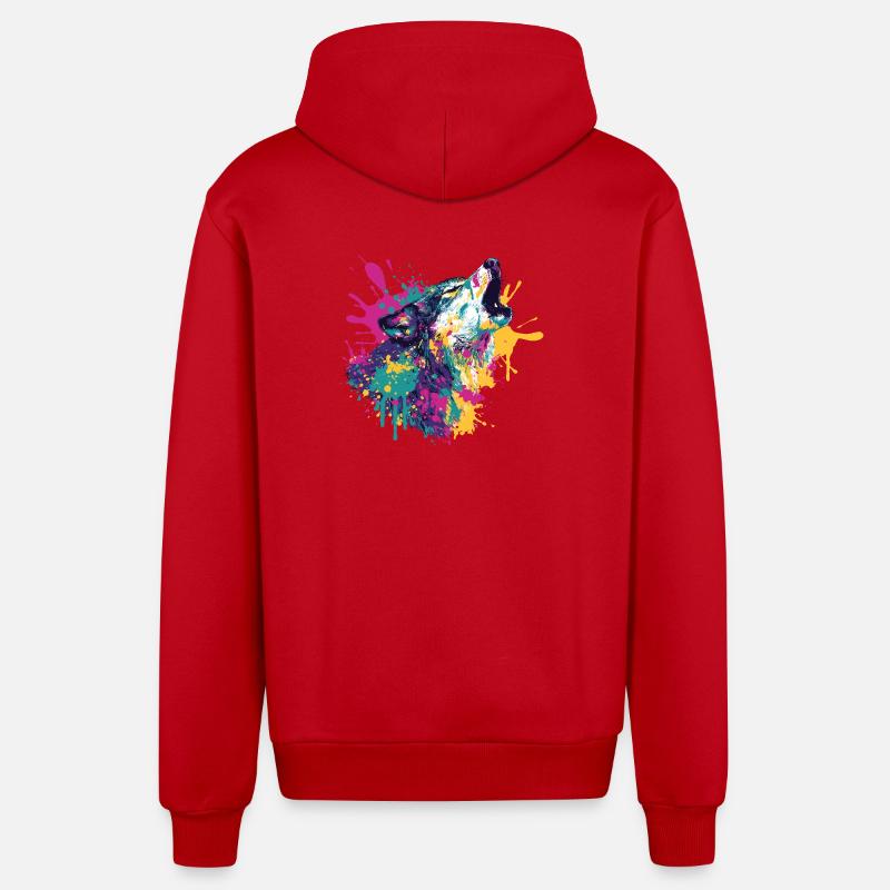 Wolf im Farbexplosion Stil - Organic Relaxed Kapuzenjacke Made in EU - Rot