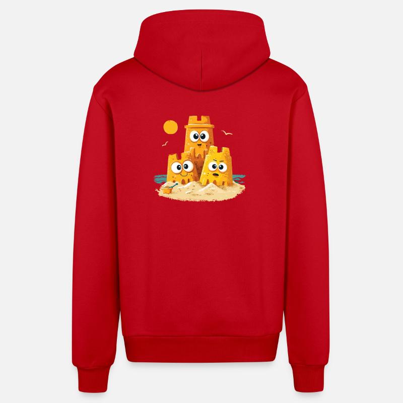 Beach Castles Trio with Face - Organic Relaxed Hooded Jacket Made in EU - red