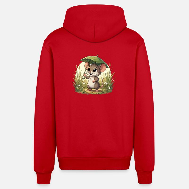 Kleines Mäuschen mit Schirm im Gras - Organic Relaxed Kapuzenjacke Made in EU - Rot