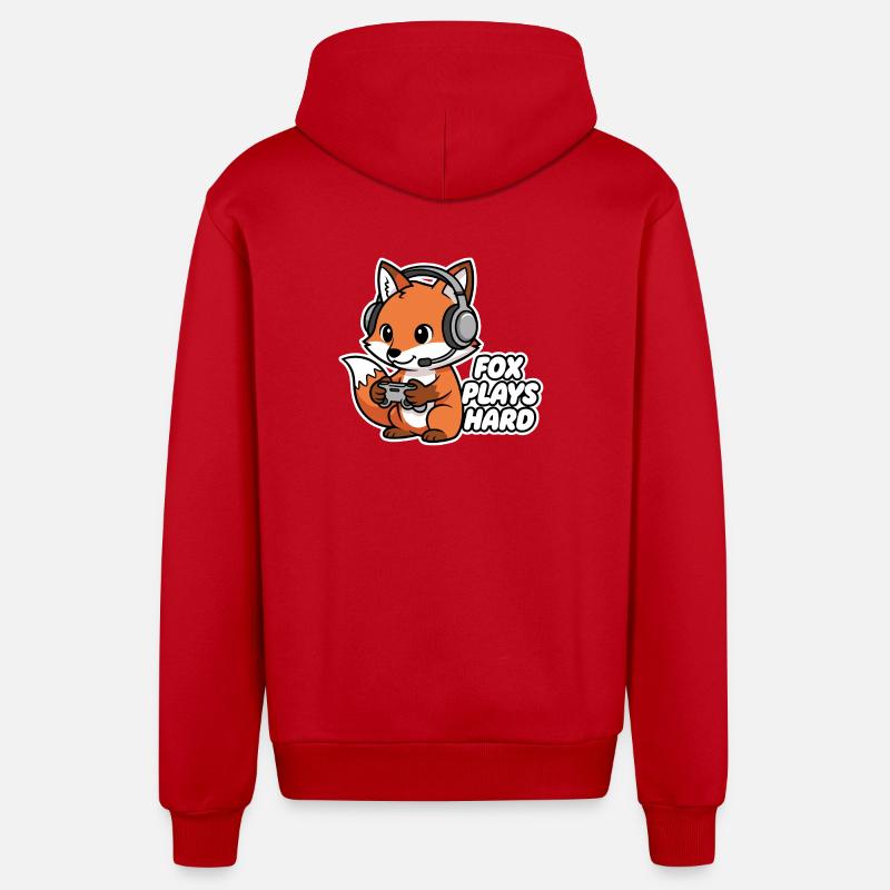 Fox with headset, game hero - Organic Relaxed Hooded Jacket Made in EU - red