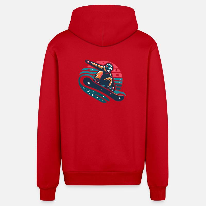 Illustration animée de snowboarder dynamique - Veste à capuche bio décontractée fabriquée en UE - rouge