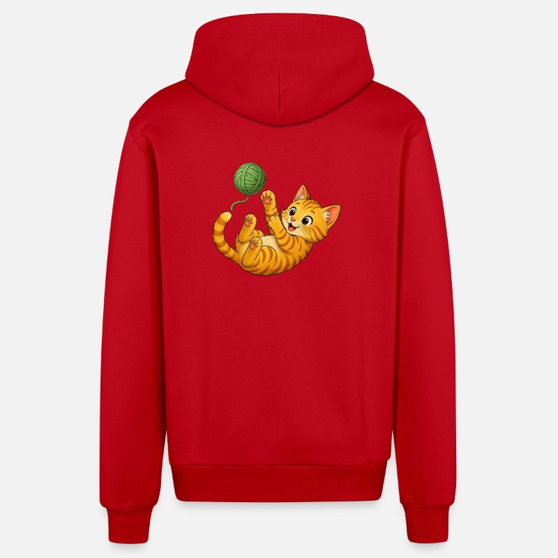 Kitten playing with wool - Organic Relaxed Hooded Jacket Made in EU - red