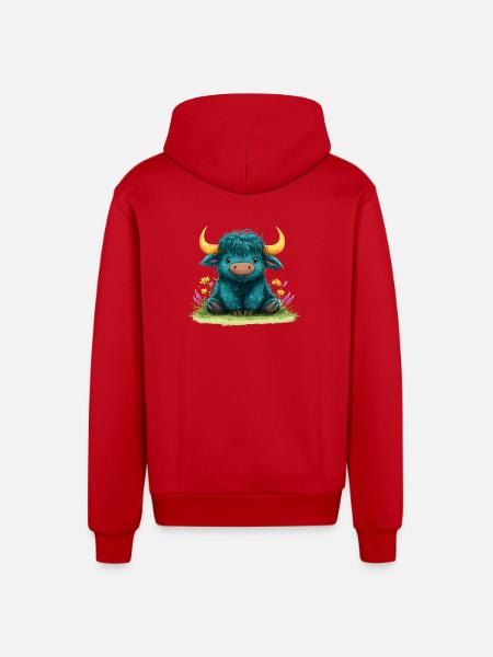 Blauer Yak im Blumenmeer - Organic Relaxed Kapuzenjacke Made in EU - Rot