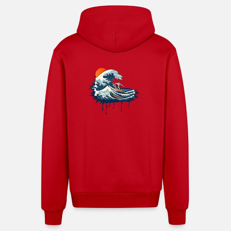 Dynamic Surf Illustration on Powerful Wave - Organic Relaxed Hooded Jacket Made in EU - red