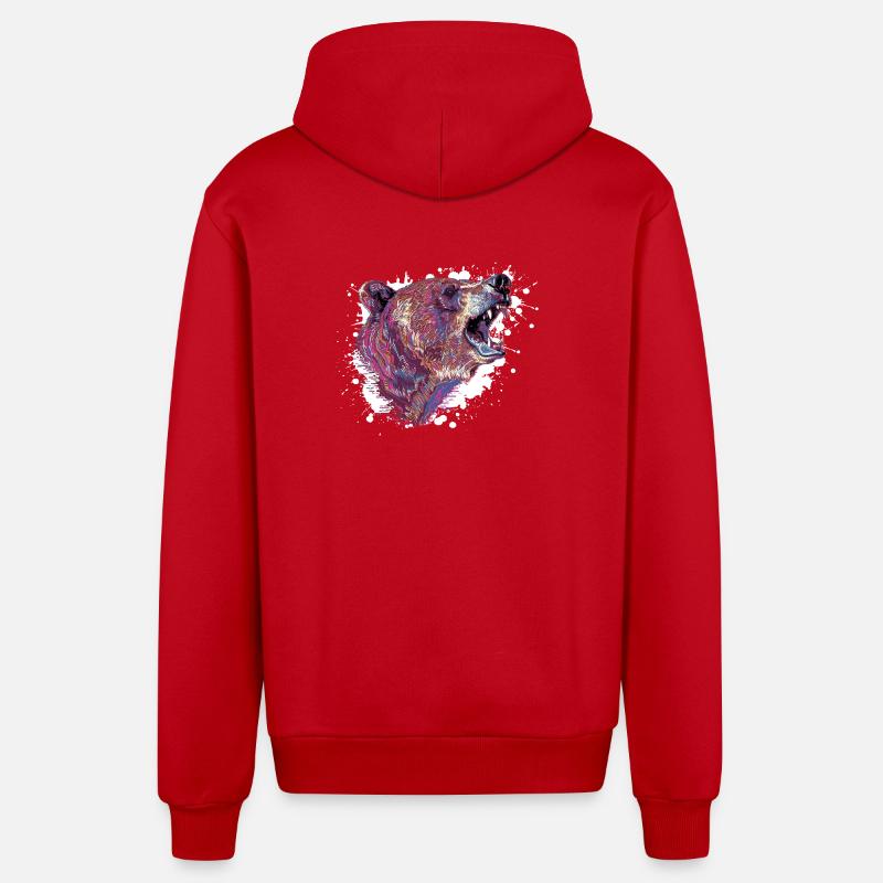 Neon Splash Bear Head - Organic Relaxed Hooded Jacket Made in EU - red