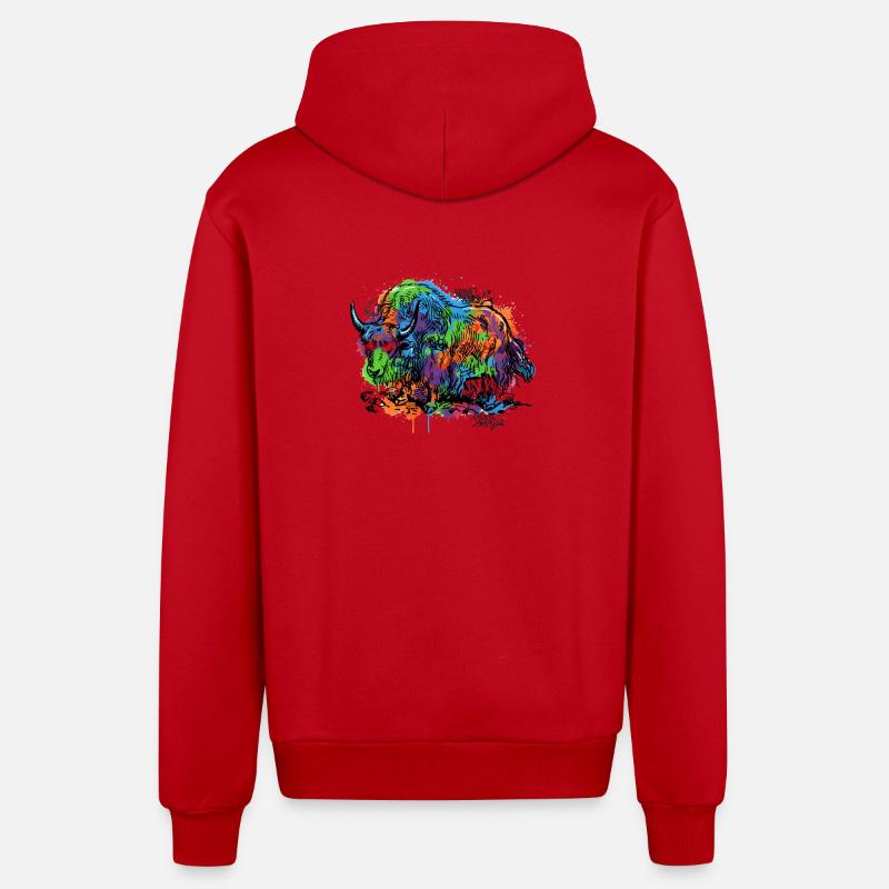 Rainbow Yak Graffiti Pattern - Organic Relaxed Hooded Jacket Made in EU - red