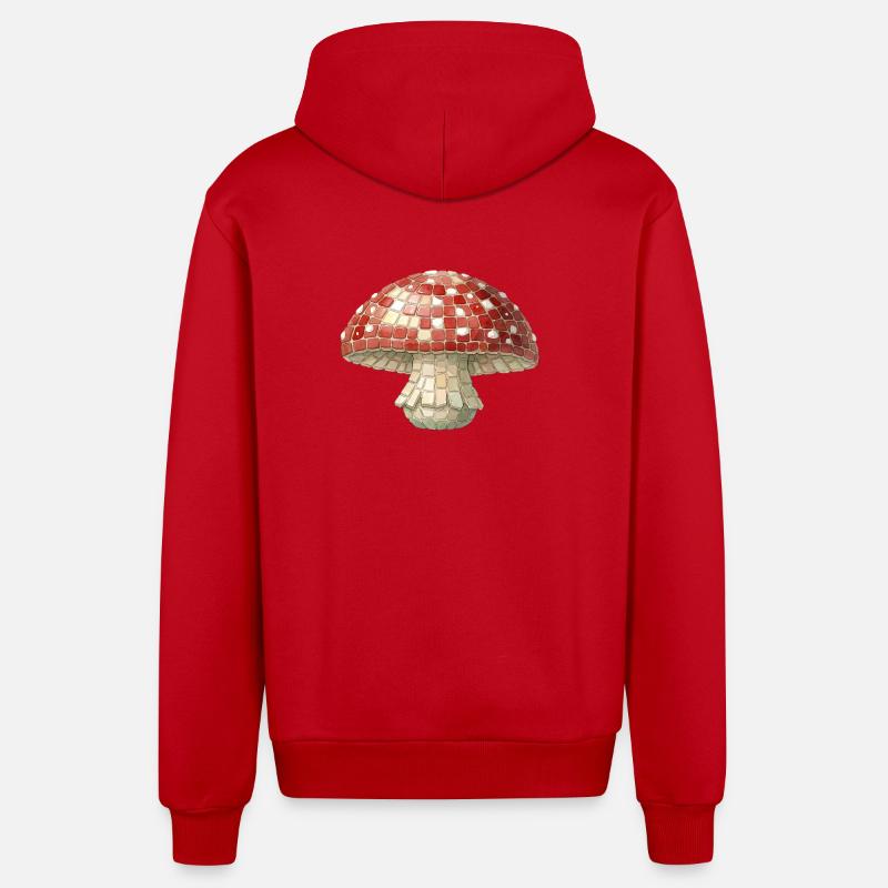 Toadstool Mosaic - Retro Forest for Mushroom Pickers - Organic Relaxed Hooded Jacket Made in EU - red