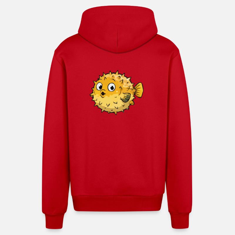 Dessin animé sphérique du poisson-globe - Veste à capuche bio décontractée fabriquée en UE - rouge