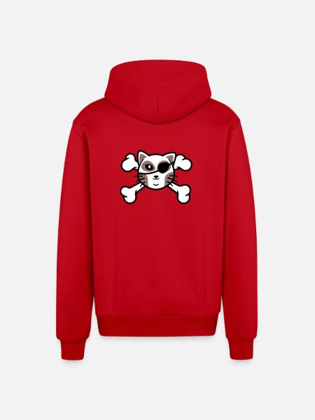 Pirate Kitten Skull Patch - Organic Relaxed Hooded Jacket Made in EU - red