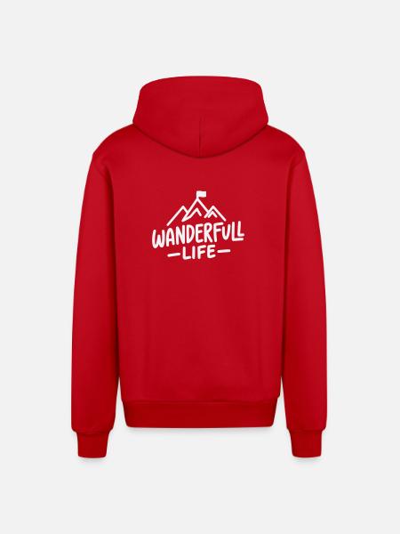 Wanderfull Life - Pun Hiking with Mountains - Organic Relaxed Hooded Jacket Made in EU - red
