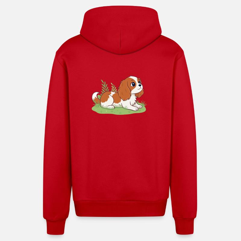 Chiot Cavalier sur herbe joyeuse - Veste à capuche bio décontractée fabriquée en UE - rouge