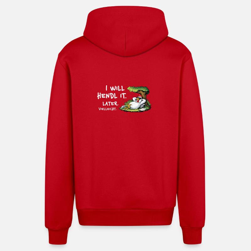Dessin animé de procrastination du poulet - Veste à capuche bio décontractée fabriquée en UE - rouge