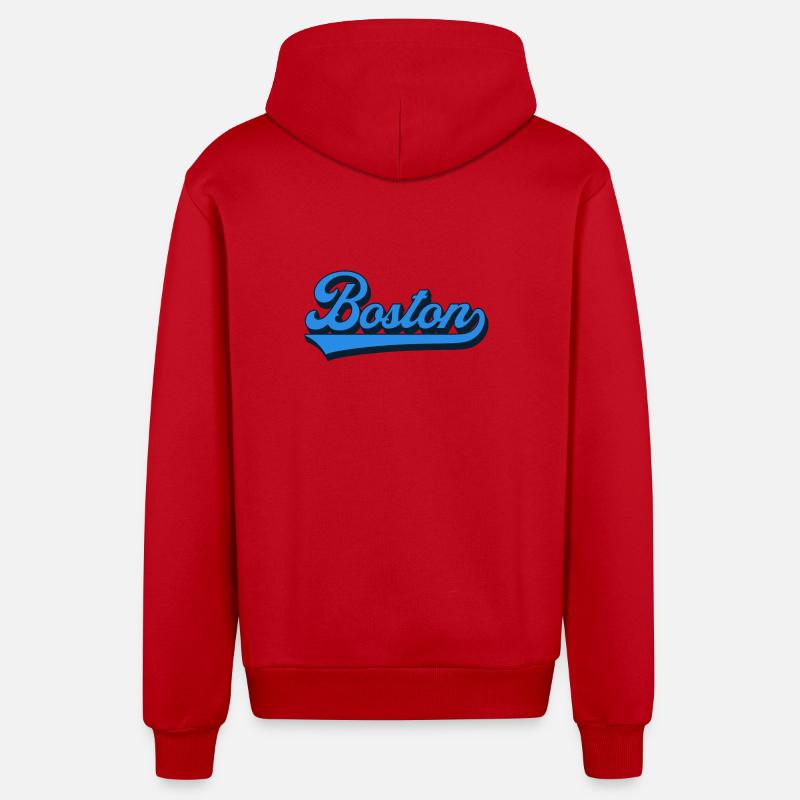 Boston Blue Script Retro - Organic Relaxed Hooded Jacket Made in EU - red