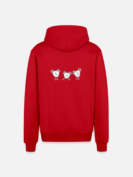 3 chickens hens feathered cattle - Organic Relaxed Hooded Jacket Made in EU - red
