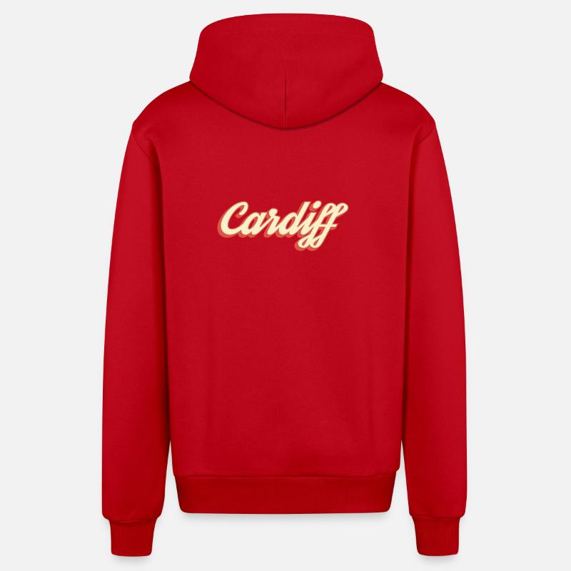 Cardiff Retro Script Logo - Organic Relaxed Hooded Jacket Made in EU - red