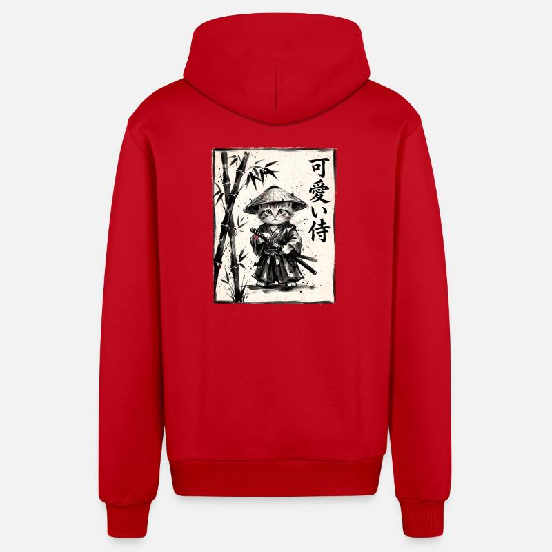 Samurai Cat Sumi-e Ink Drawing - Organic Relaxed Hooded Jacket Made in EU - red