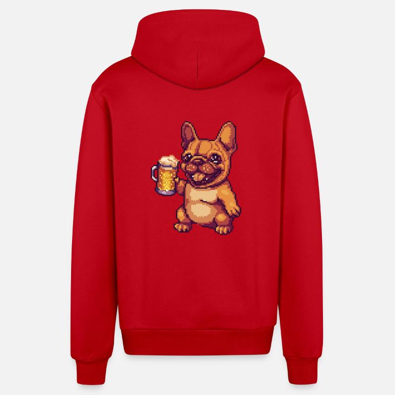 Français Buldog Chiens Bière Pixel - Veste à capuche bio décontractée fabriquée en UE - rouge