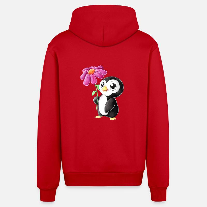 Pingouin de dessin animé mignon - Veste à capuche bio décontractée fabriquée en UE - rouge