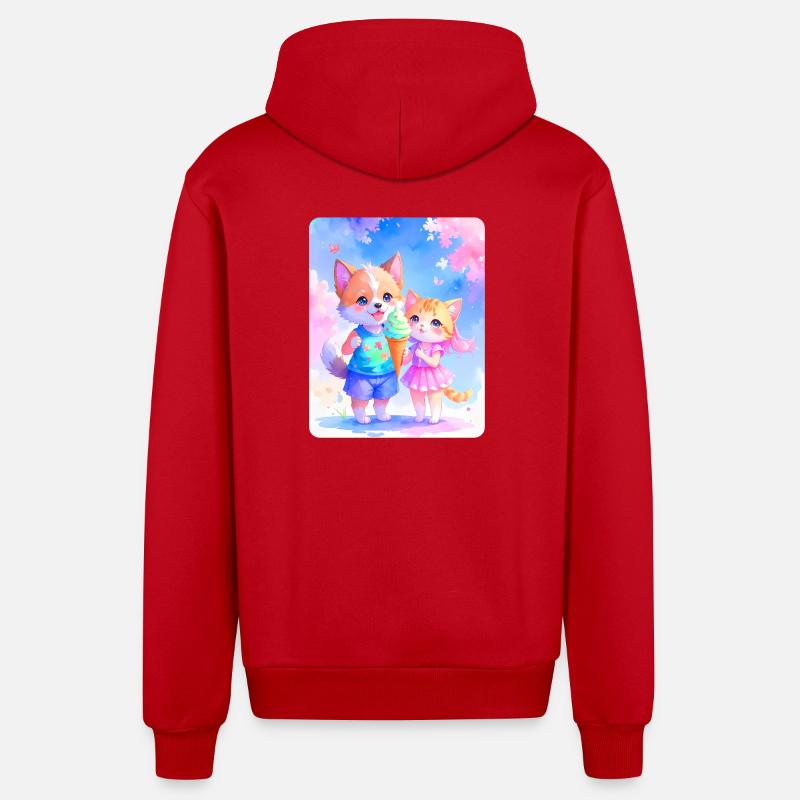 Toutou, chaton et crème glacée - Veste à capuche bio décontractée fabriquée en UE - rouge