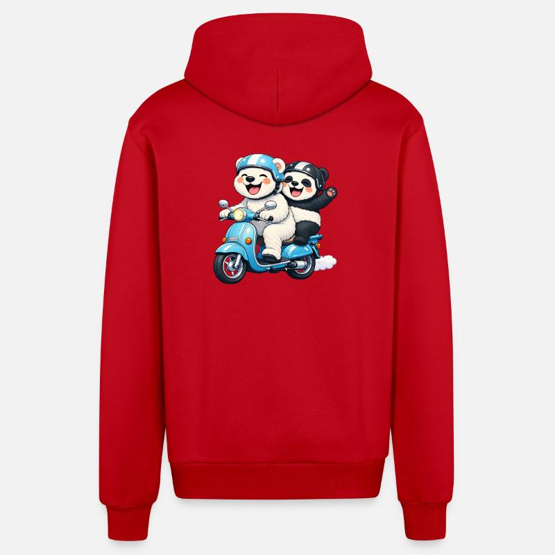 Eisbär und Pandabär auf einem Roller - Organic Relaxed Kapuzenjacke Made in EU - Rot