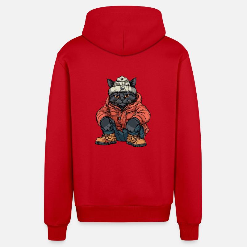 Chat Drôle d’Hiver - Veste à capuche bio décontractée fabriquée en UE - rouge