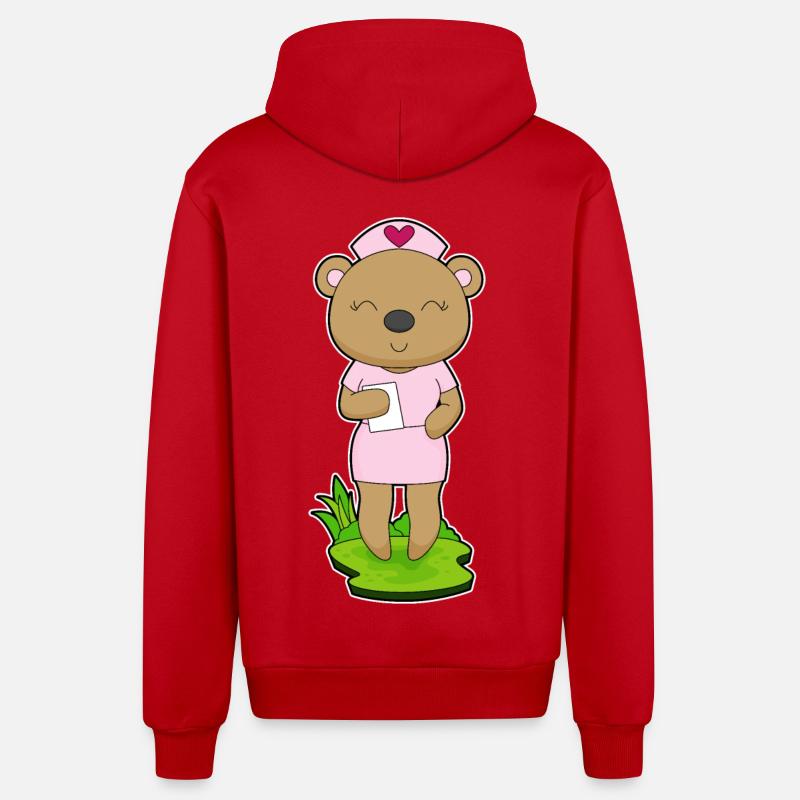 Bear Nurse Sticky Note - Organic Relaxed Hooded Jacket Made in EU - red