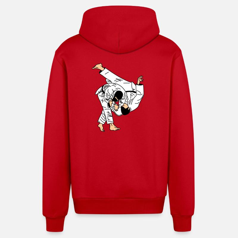 Judo-Wurf im weißen Anzug oder Kimono - Organic Relaxed Kapuzenjacke Made in EU - Rot