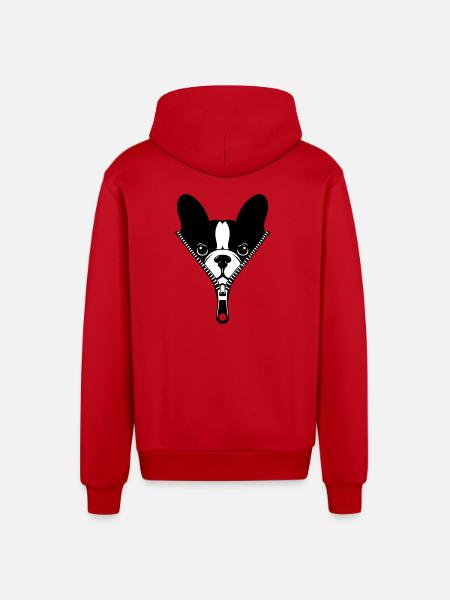 French Bulldog in a Zipper - Organic Relaxed Hooded Jacket Made in EU - red