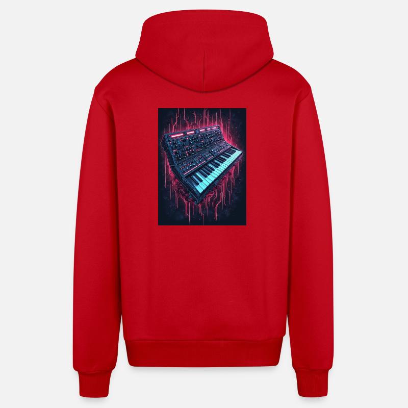Conception musicale de synthétiseur de néon - Veste à capuche bio décontractée fabriquée en UE - rouge