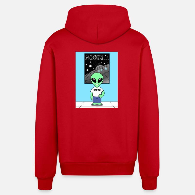 Alien devant le vaisseau spatial Terre - Veste à capuche bio décontractée fabriquée en UE - rouge