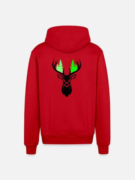 Deer Head Fir Trees Natural Green - Organic Relaxed Hooded Jacket Made in EU - red