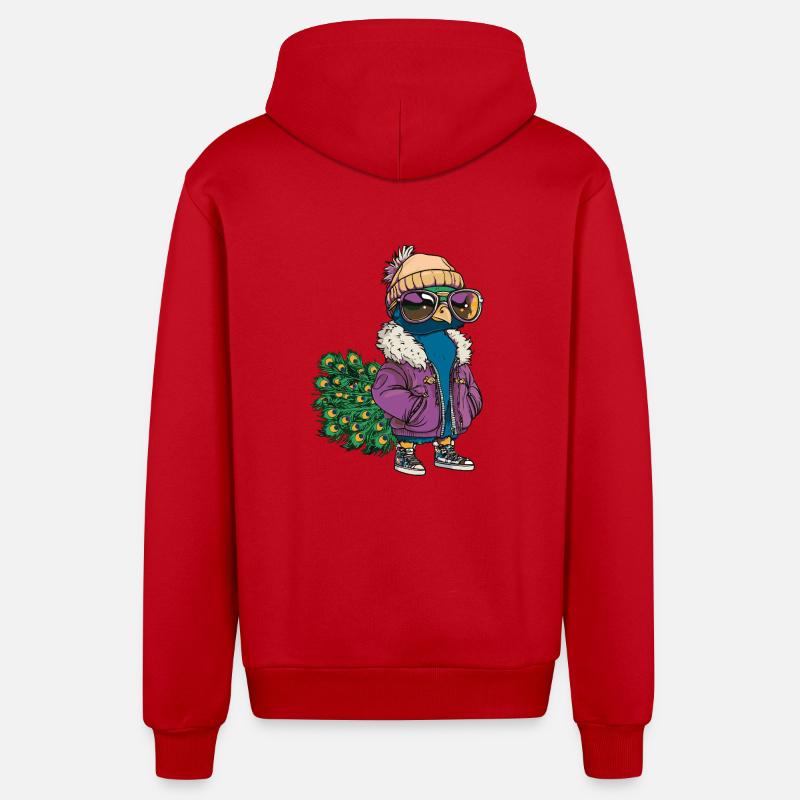 Peacock Bird Cool Comic - Organic Relaxed Hooded Jacket Made in EU - red