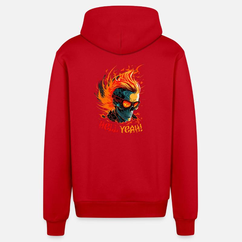 Flaming Skull with Hell Yeah - Organic Relaxed Hooded Jacket Made in EU - red