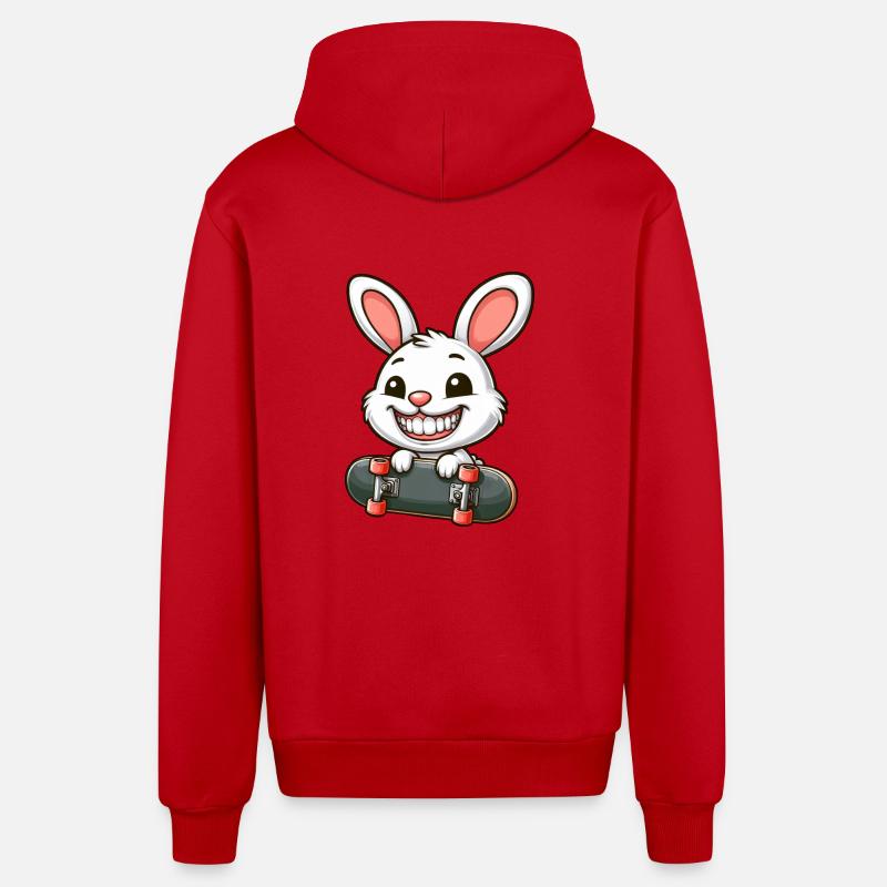 Mignon lapin blanc lapin planche à roulettes - Veste à capuche bio décontractée fabriquée en UE - rouge