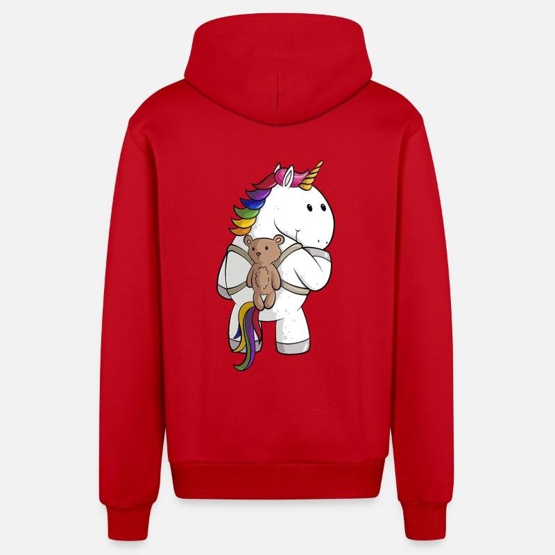 Comic Einhorn mit Rucksack - Organic Relaxed Kapuzenjacke Made in EU - Rot