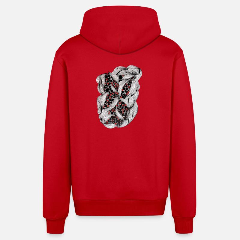 Schwarzweiß Blattmuster mit roten Beeren - Organic Relaxed Kapuzenjacke Made in EU - Rot