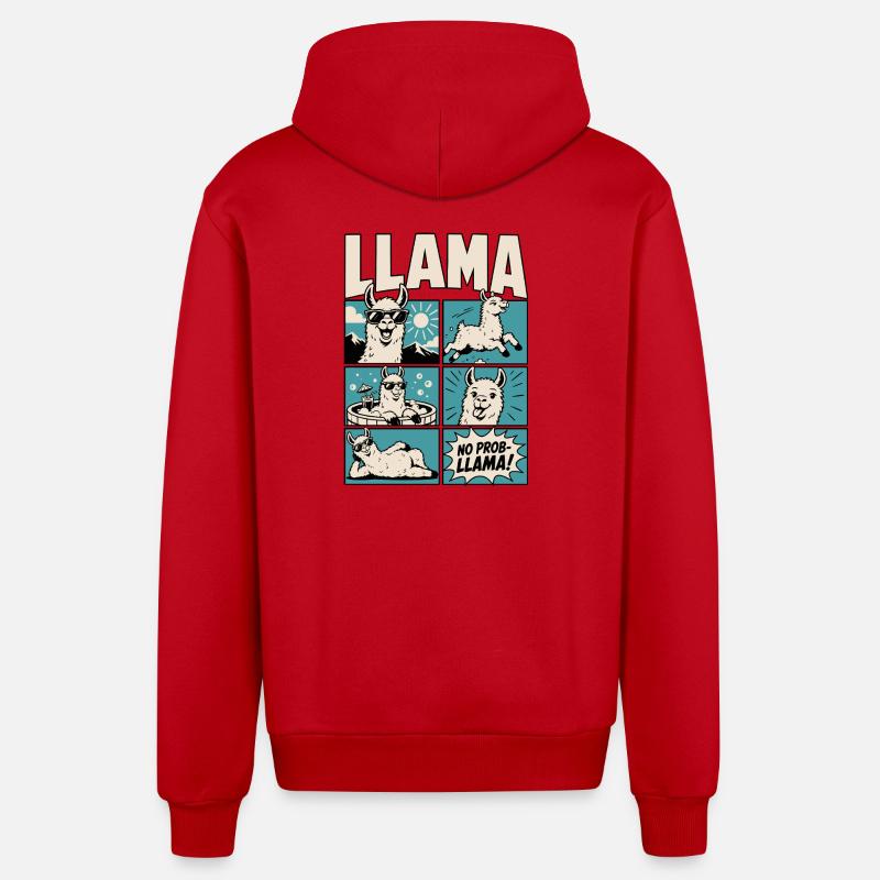 Chill Llama Comic Design - Organic Relaxed Hooded Jacket Made in EU - red