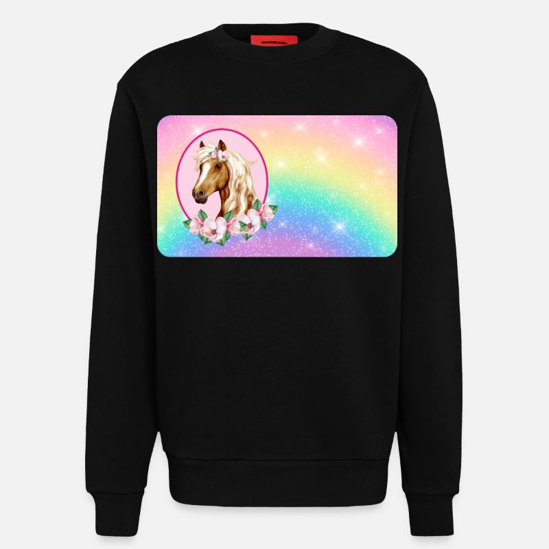 Pferd mit Blumen und Glitter Regenbogen - Sweatshirt - made by SPREAD - SOLID BLACK